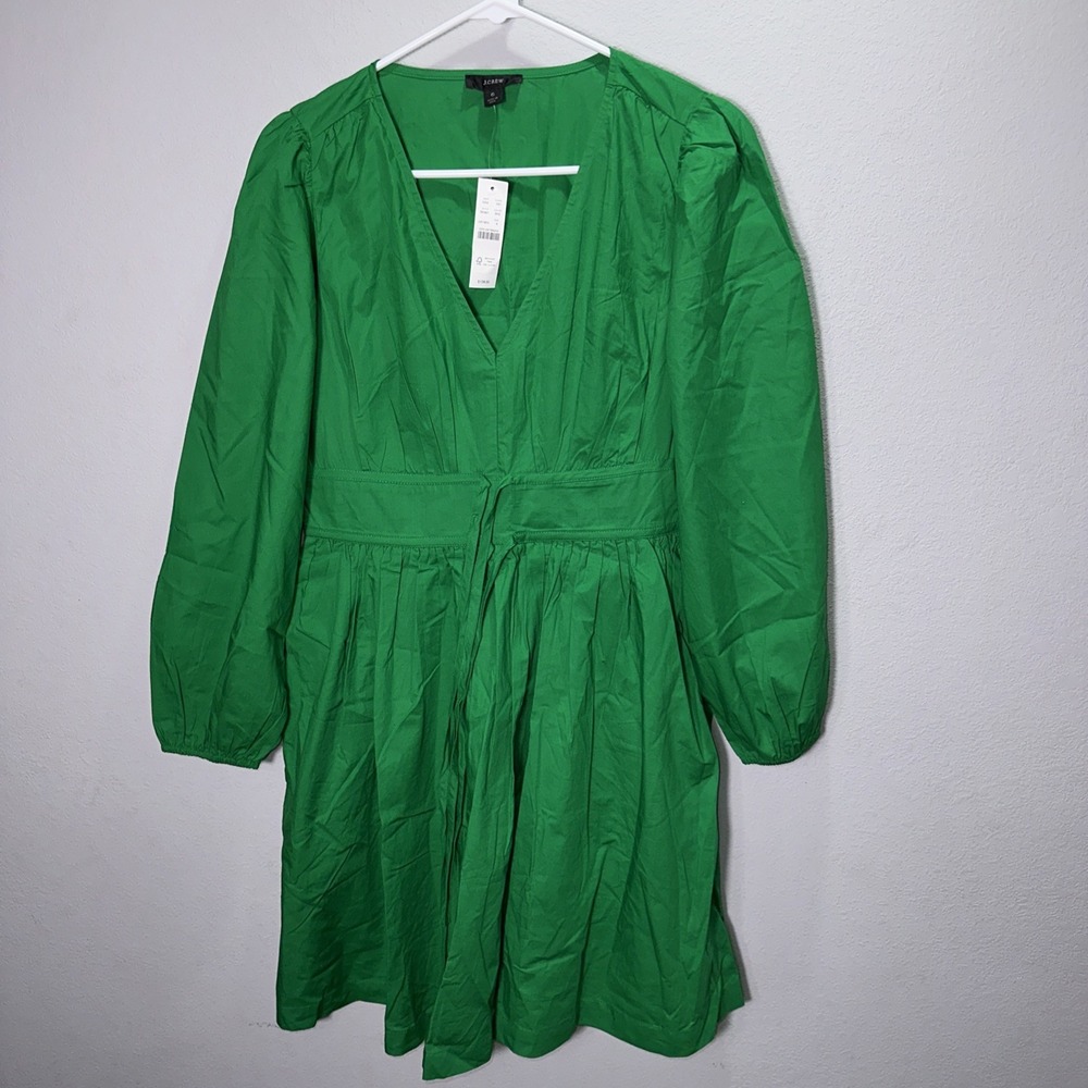 J Crew V-neck Cotton Poplin Mini Dress BK961 Size 6 green v neck long sleeve